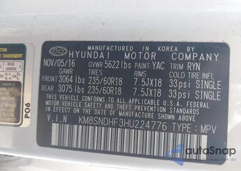 2017 Hyundai Santa Fe Se из США, поврежденный, VIN KM8SNDHF3HU224776